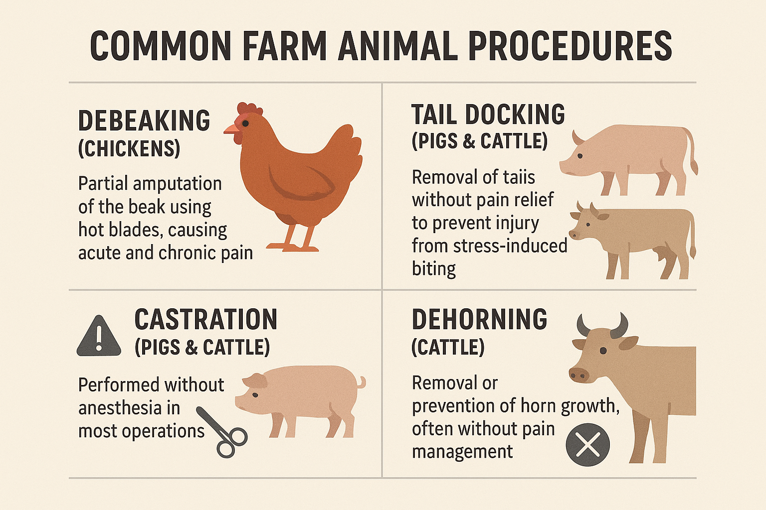 Can you create a detailed infographic to accompany this copy? "Common Procedures:Debeaking (chickens): Partial amputation of the beak using hot blades, causing acute and chronic painTail docking (pigs & cattle): Removal of tails without pain relief to prevent injury from stress-induced bitingCastration (pigs & cattle): Performed without anesthesia in most operationsDehorning (cattle): Removal or prevention of horn growth, often without pain management"