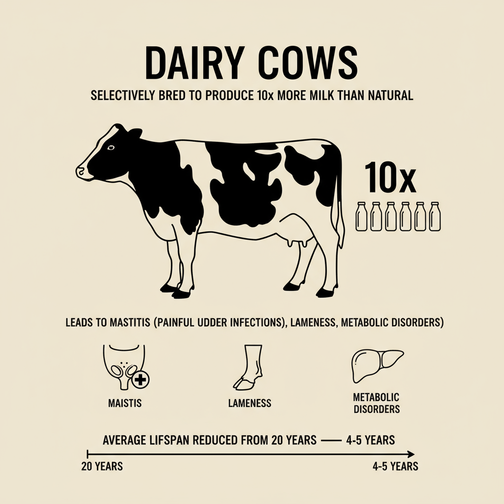 Can you create a detailed infographic to accompany this copy "Dairy Cows:Selectively bred to produce 10x more milk than naturalLeads to mastitis (painful udder infections), lameness, and metabolic disordersAverage lifespan reduced from 20 years to 4-5 years"