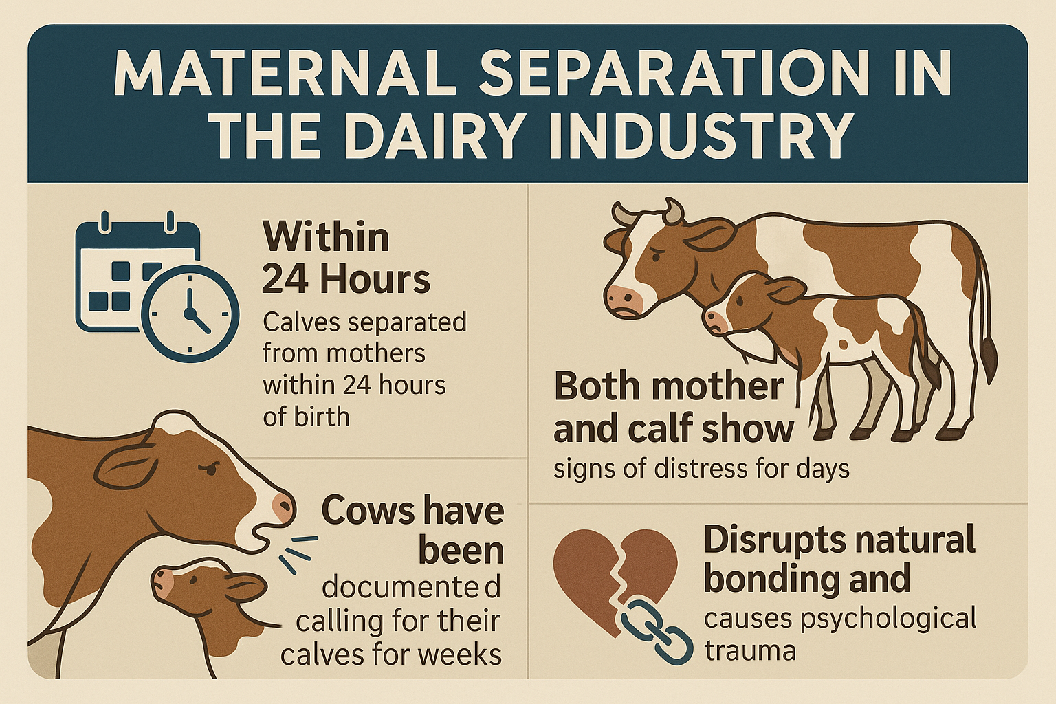 can you generate a detailed infographic for this copy "Maternal Separation. Dairy Industry:Calves separated from mothers within 24 hours of birthBoth mother and calf show signs of distress for daysCows have been documented calling for their calves for weeksDisrupts natural bonding and causes psychological trauma"