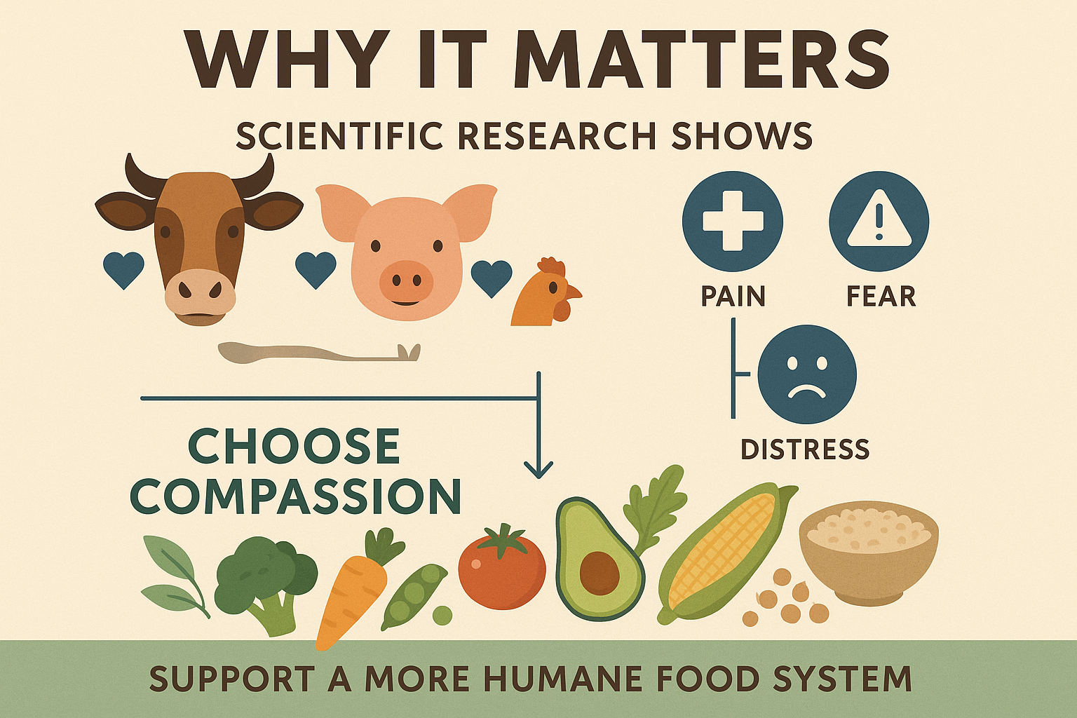 Can you make a detailed infographic to accompany this copy? Why it matters: "Scientific research consistently demonstrates that farmed animals are sentient beings capable of experiencing pain, fear, and distress. The practices outlined above cause significant suffering that could be avoided through more humane alternatives.By choosing plant-based alternatives, you're taking a stand against these cruel practices and supporting a more compassionate food system."