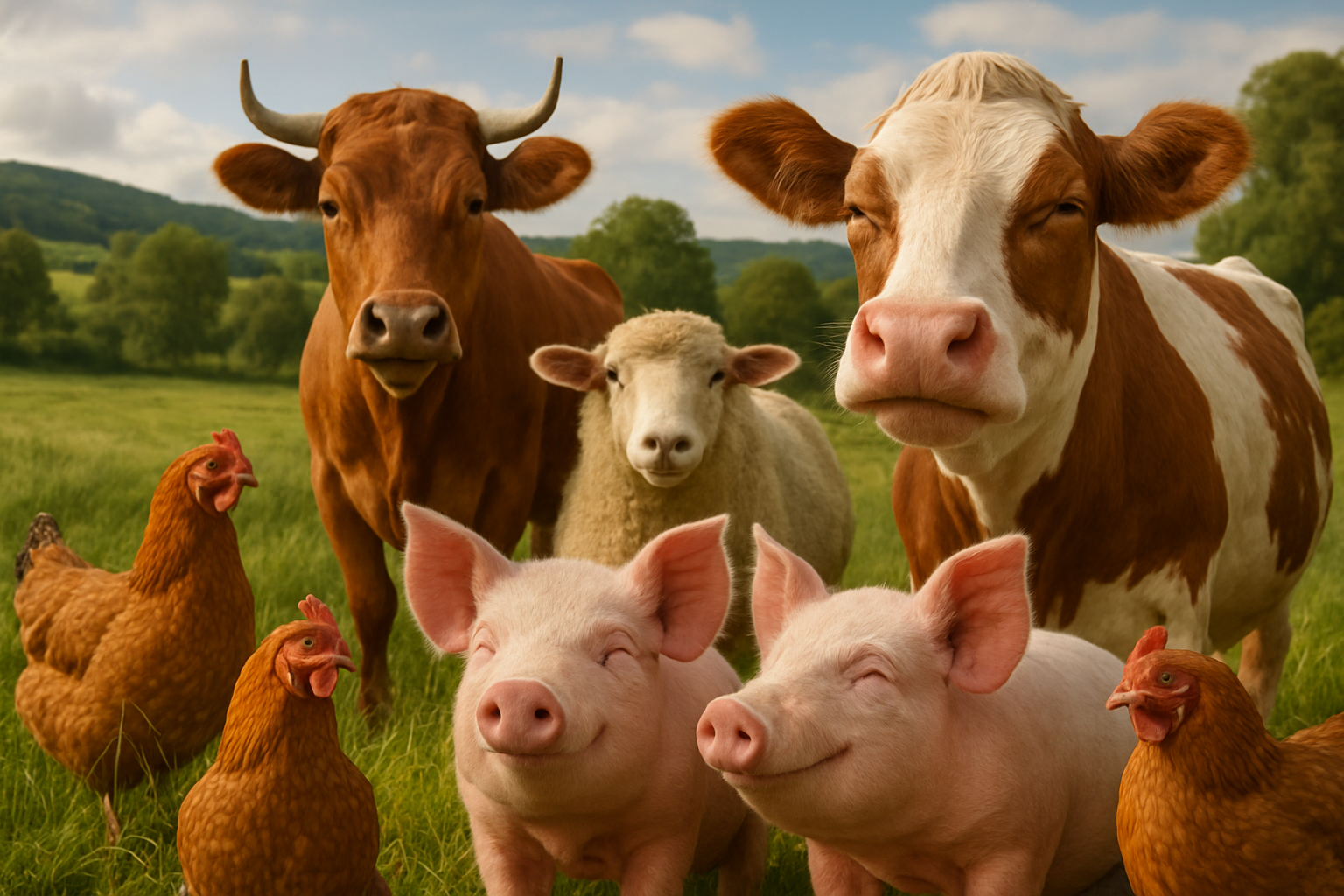Photorealistic happy farm animals in natural setting