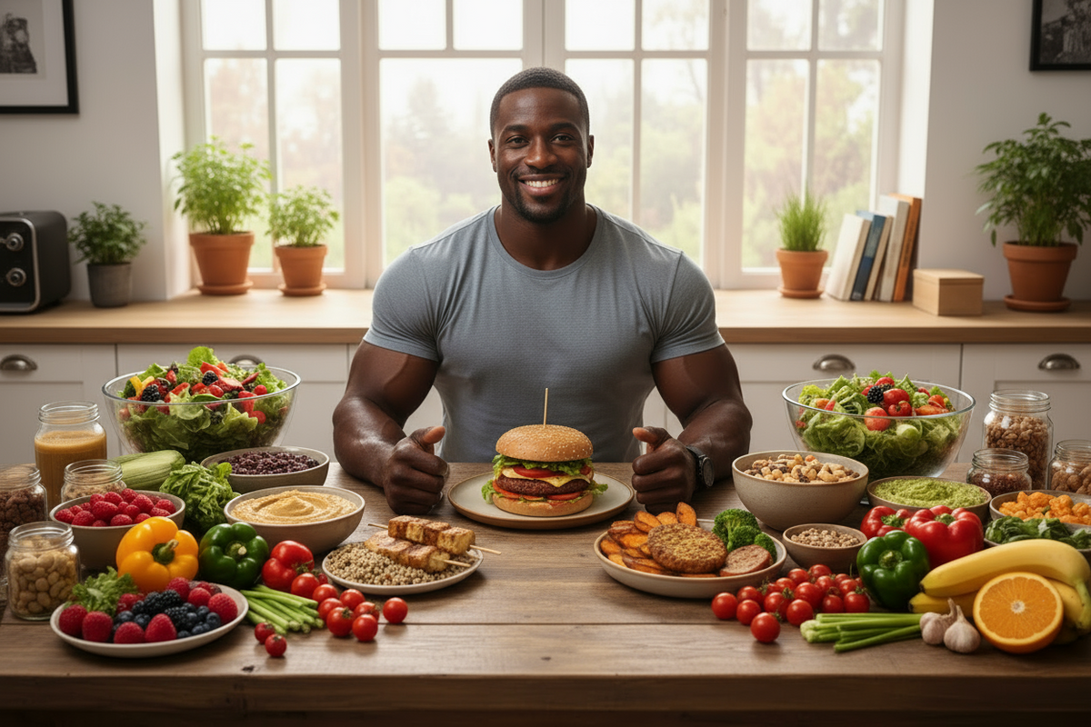 a bodybuilder sitting at a table filled with plant based food. Include a veggie burger