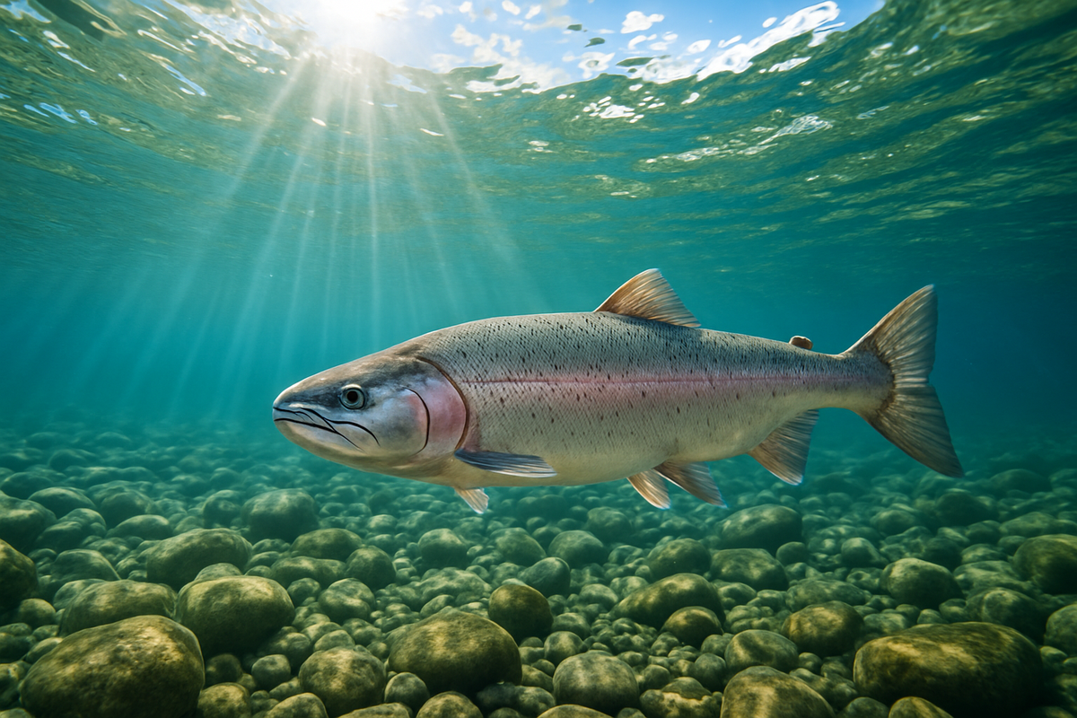 a realistic image of a salmon swimming in a clear stream on a sunny day