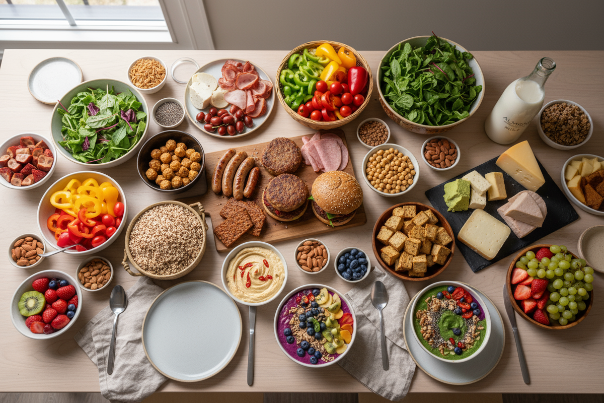 a realistic image of all type of vegan foods including plant based meats