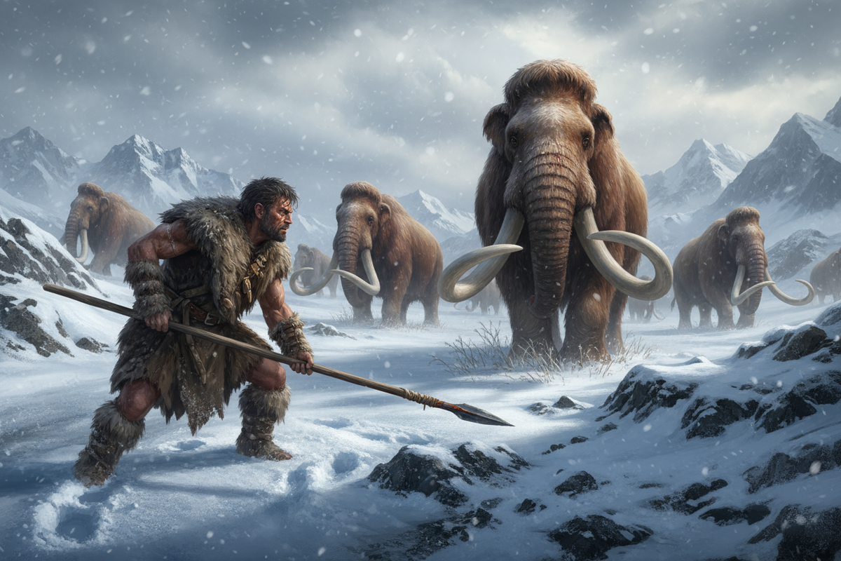 a realistic looking cave man hunting wooly mammoths 