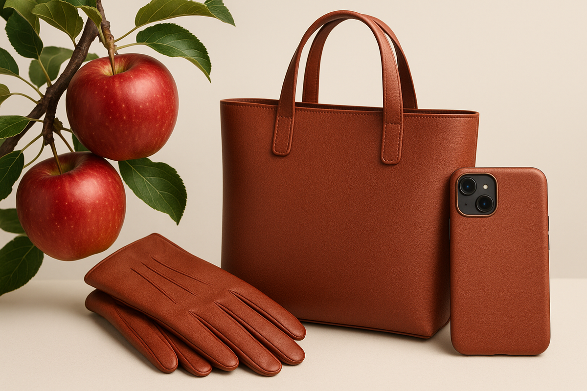 Apple leather products next to apple tree