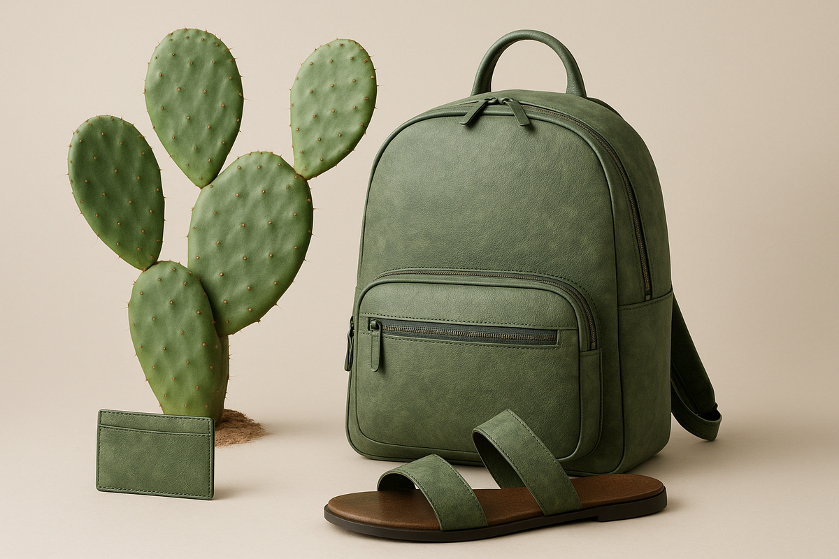 Cactus leather products next to prickly pear cactus