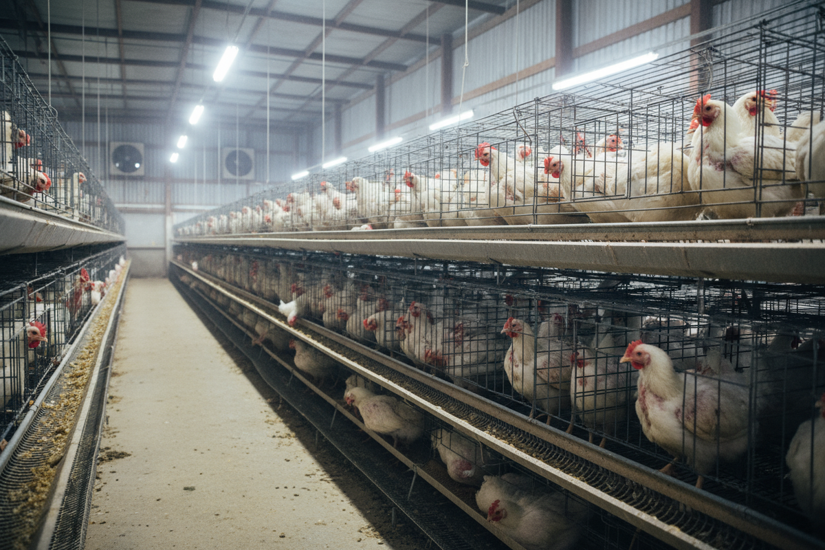 Create a realistic image of chickens inside a factory farm trapped in their small cages