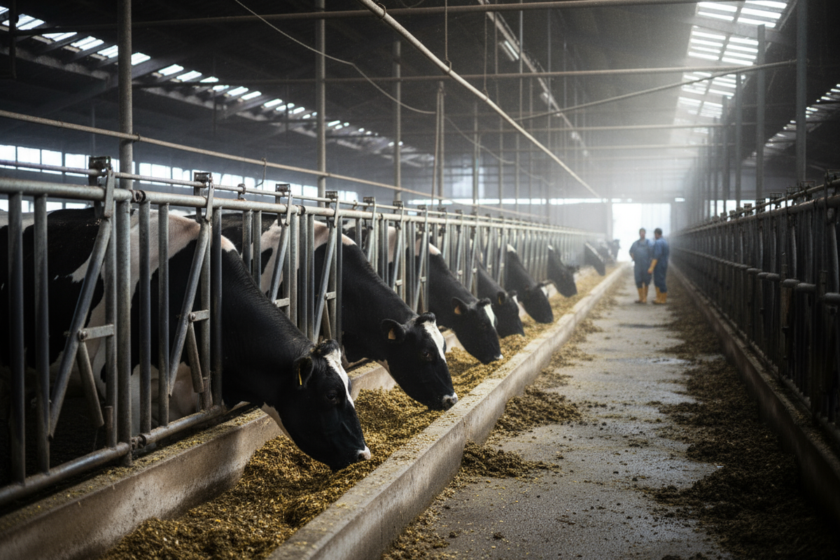 Create a realistic image of trapped cows eating feed inside a factory farm