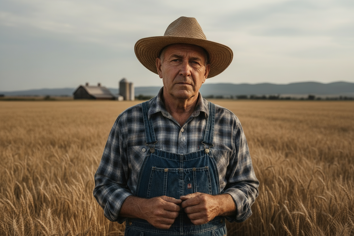 create an image of a farmer standing on his farm with a single tear dripping down his face
