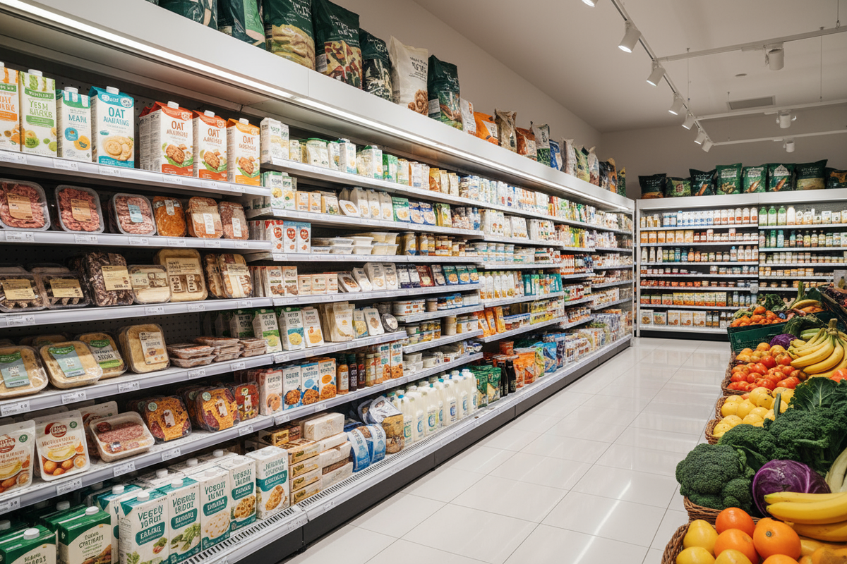 Create an image of a supermarket isle full of plantbased foods