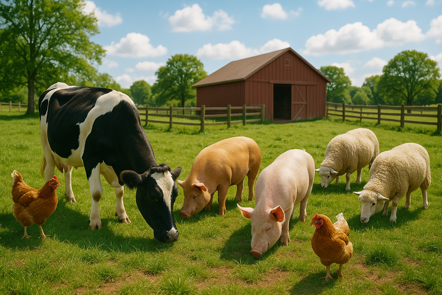 Happy rescued farm animals in peaceful sanctuary setting