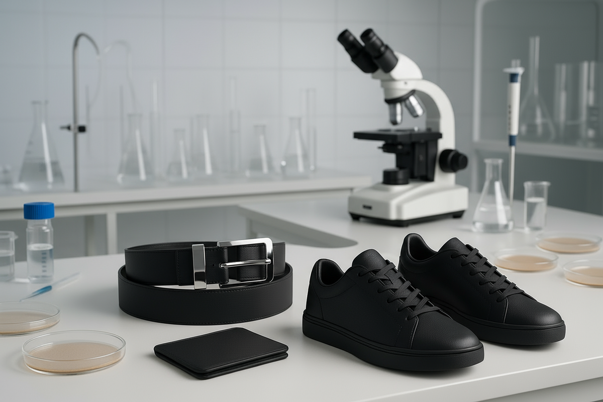 Lab-grown leather products next to laboratory equipment