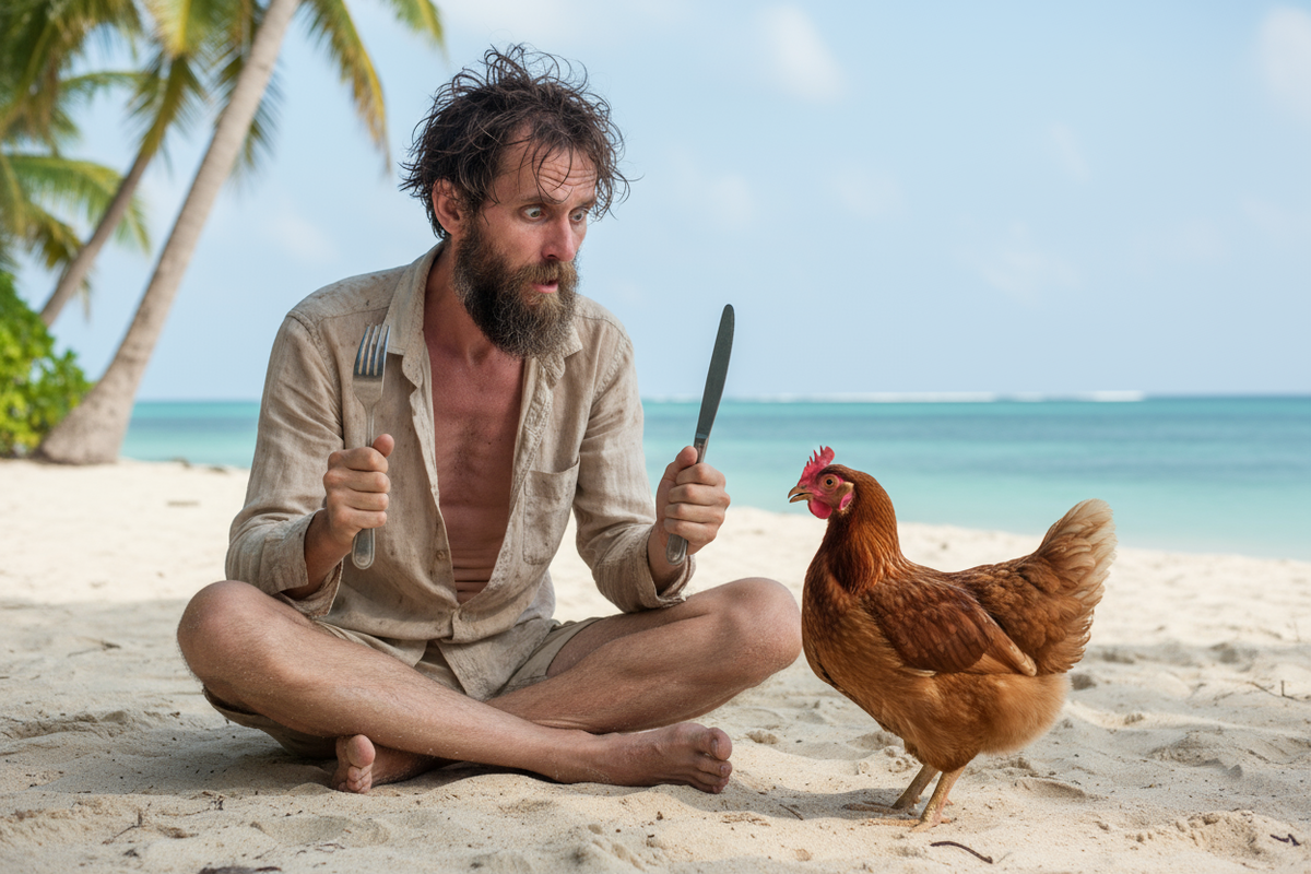 make the fork and knife smaller and the chicken next to him