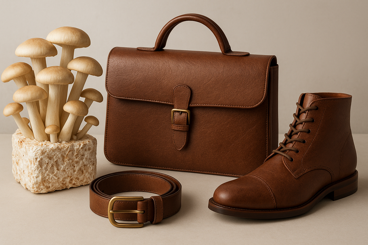 Mushroom leather products next to mushrooms