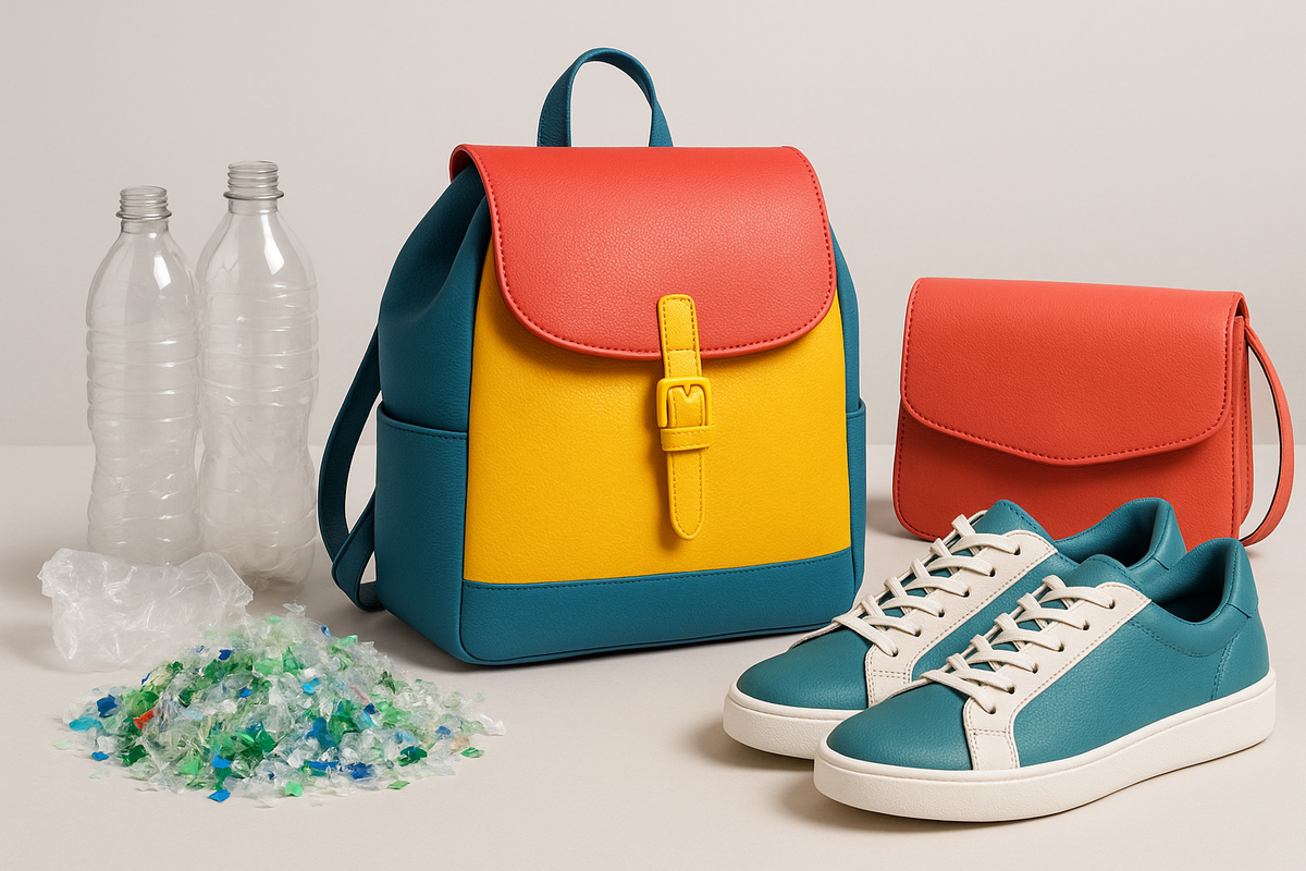 Recycled plastic leather products next to plastic bottles