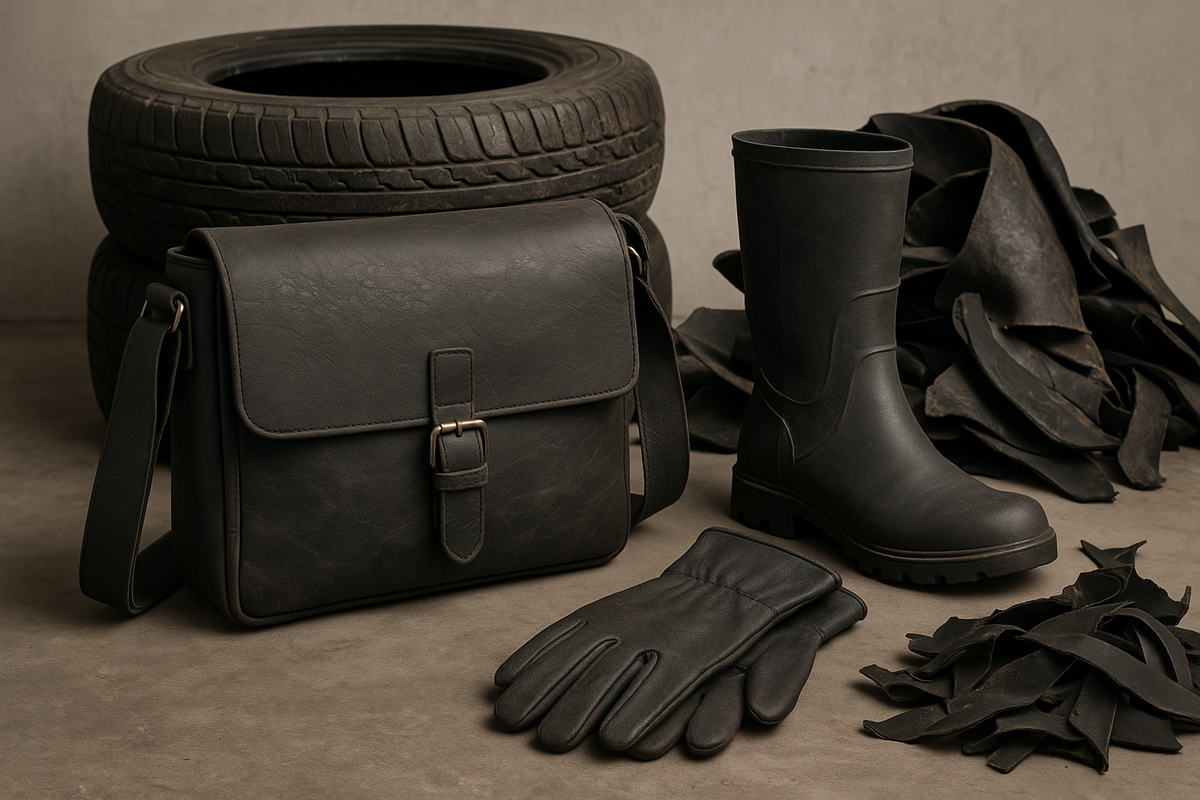 Recycled rubber leather products next to old tires